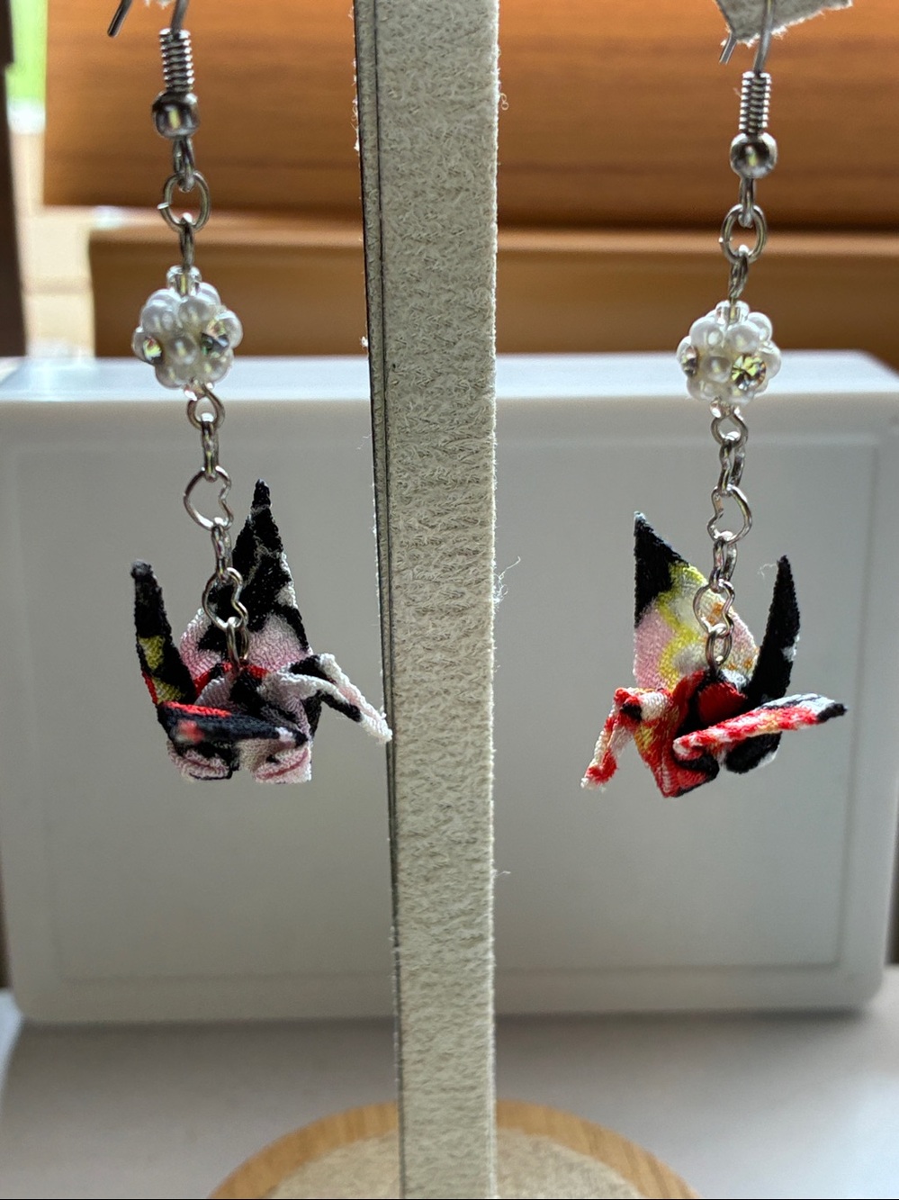 Authentic Origami Crane Earrings with Pearl Accent from Japan